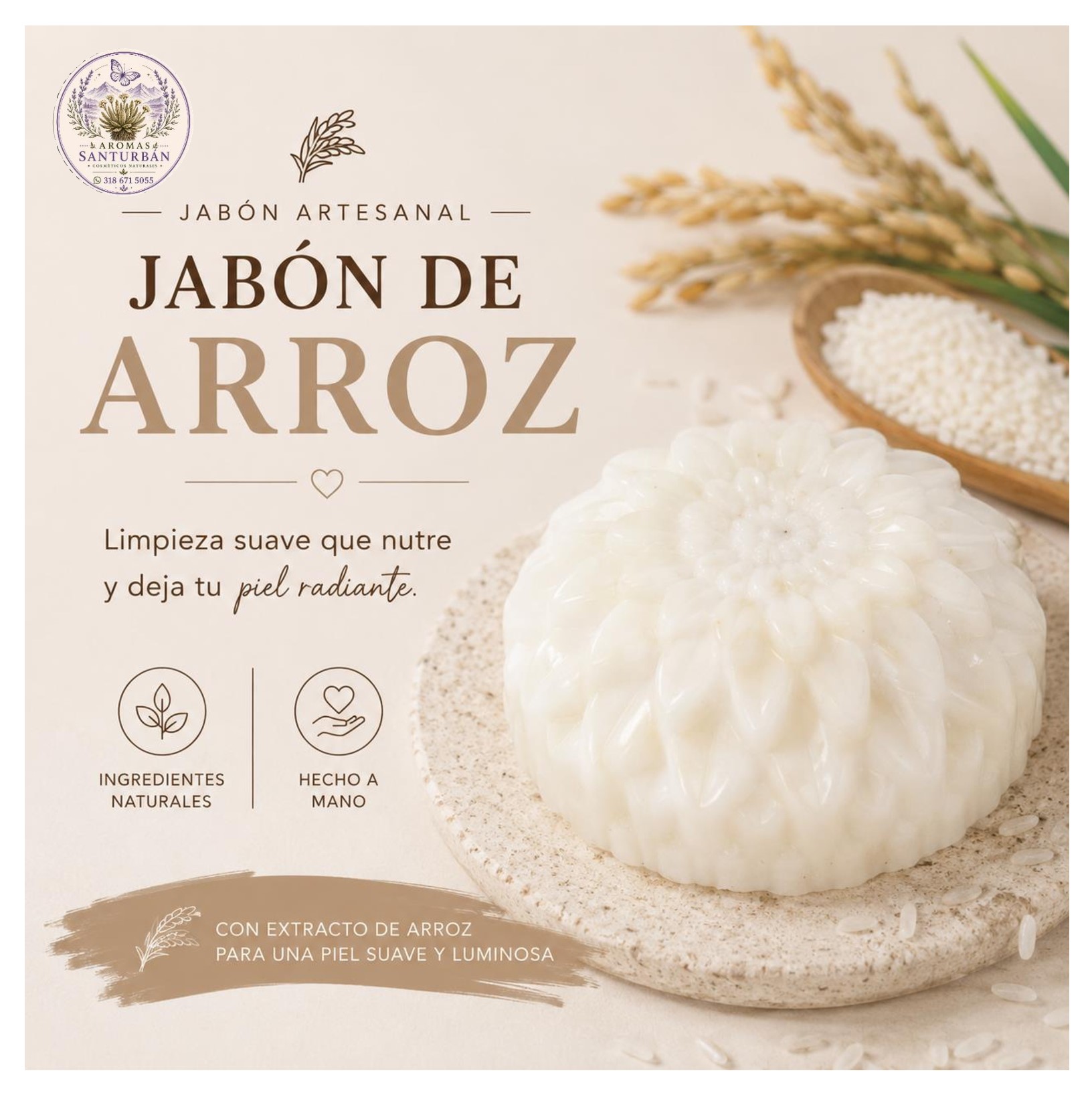 Jabón Artesanal de Arroz - Aclarante e Iluminador Natural