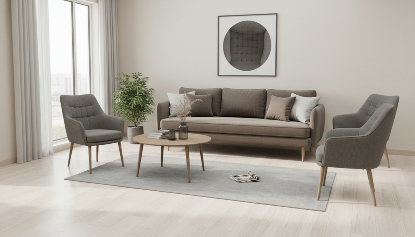 Juego de Sala Escandinavo 5 Piezas – Sofá + 2 Poltronas + Mesa de Centro + Alfombra